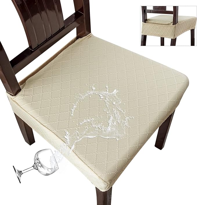 Genina Waterproof Seat Covers for Chairs,Set of 4 Dining Room Chair Seat Covers for Kitchen,Stretch Jacquard Removable Washable Dining Chair Slipcovers Protectors with Rear Covers, Beige