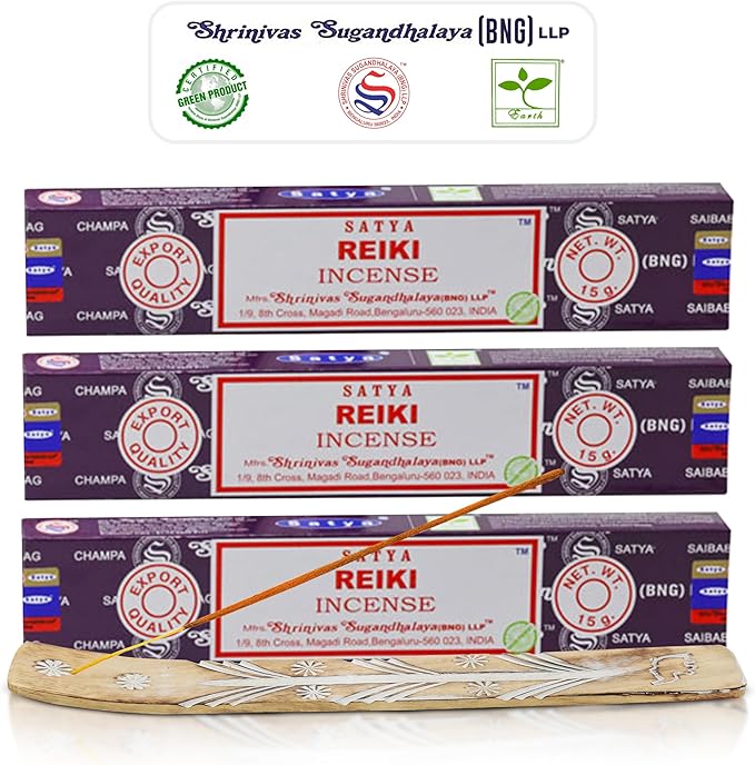 Satya Reiki Incense Sticks, Satya Bng (Bangalore) Insenses 15gmx3 Pack with Raajsee Incense Holder Bundle, Satya Nagchampa Natural Incense