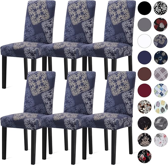 Sufdari Dining Chair Covers,Kitchen Chair Cover,Parsons Chair Slipcover,Spandex Chair Protectors for Dining Room Stretch Chairs Cover Set of 6 -Blue Geometric