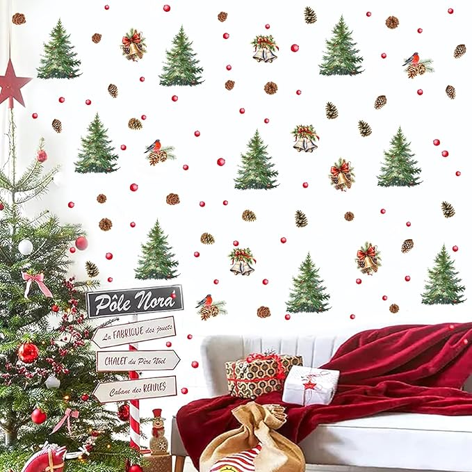 Pine Tree Wall Stickers Watercolor Christmas Tree Wall Decals Peel and Stick Removable Pine Cones Winter Wall Art Stickers Merry Christmas Bell Decals for Living Room Kids Gift Xmas Party Supply Decor