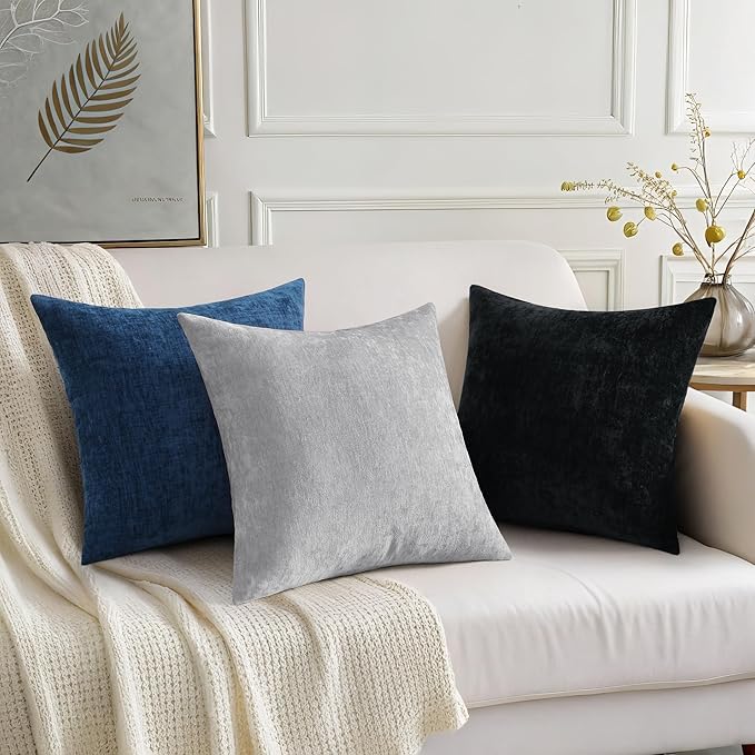 decorUhome Chenille Grey Christmas Throw Pillow Covers 16x16 Inch Set of 2, Decorative Soft Couch Pillow Covers Solid Dyed Accent Farmhouse Neutral Square Pillow Cases for Sofa