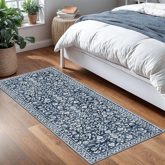 Vintage Washable 2x5 Rug Runner, Navy Runners for hallways, Super Soft Kitchen Runner Rug Non Slip, Print Faux Wool Floral Thin Carpet Runner for Entryway Indoor Bedroom