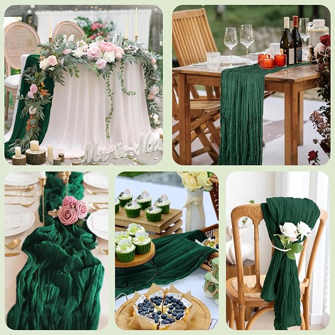 Table Runner Cheesecloth 10FT Emerald Green Boho Gauze Cheese Cloth Rustic Sheer Table Runners for Wedding Bridal Baby Shower Party Decoration