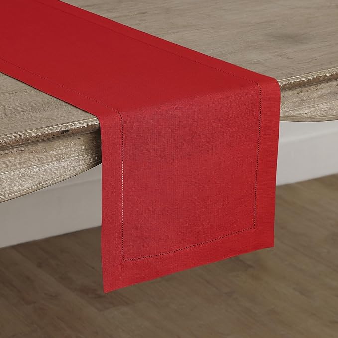Solino Home Linen Red Table Runner 72 Inches Long - 100% Pure Linen Hemstitch Table Runner 14 x 72 Inch for Dresser, Dining, Valentines, Winter - Classic Hemstitch