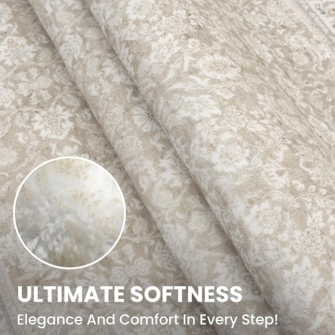 3' Round Rug Washable Rug for Entryway, Cream Beige White Grey Soft Non-Slip Area Rugs Distressed Floral Low-Pile Carpet, Neutral Vintage Circle Rugs for Living Room Dining Bedroom Foyer
