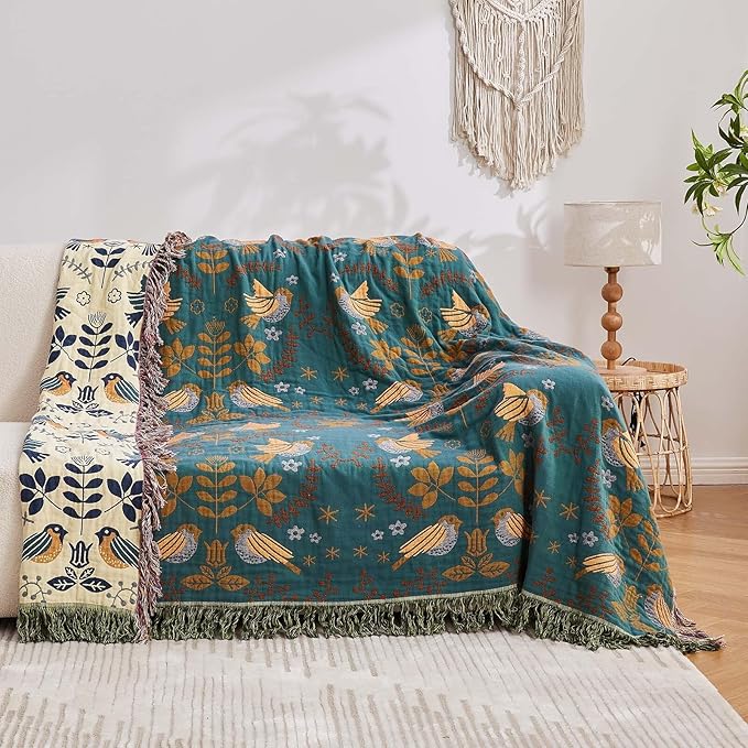 Yellow Boho Throw Blanket, 100% Cotton Blankets for Couch Bed, 80"x90"Cotton Quilt Travel Muslin Blankets Farmhouse Home Decor Soft Lightweight Picnic Blanket for Summer