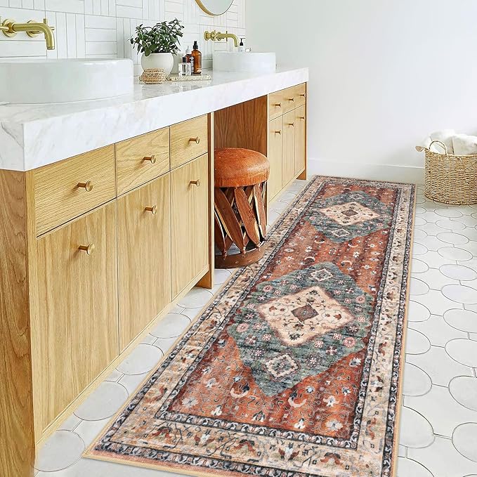 KOZYFLY Runners for Hallways 2.6x8 Ft Washable Kitchen Runner Rug Boho Runner Rug for Entryway Indoor Rust/Orange/Blue Printed Oriental Faux Wool Floor Carpet Runner for Bedroom Kitchen Hall