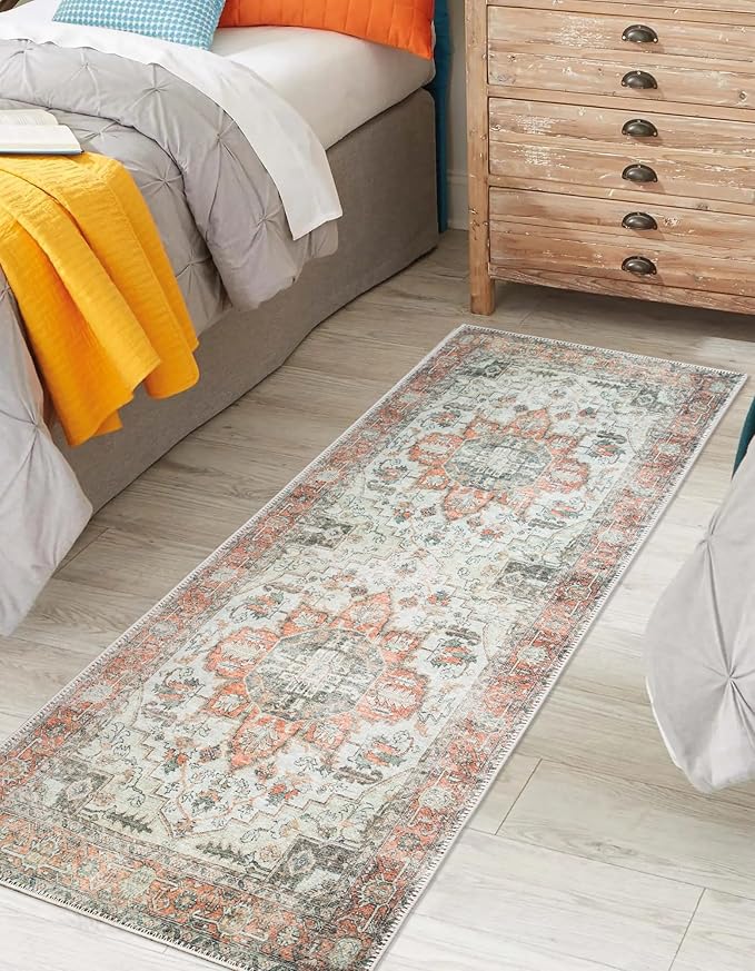 Keen Home Design 2x12 Rug - Machine Washable Runner Rug with Non-Slip Backing, Ideal for Hallway, Entryway, Kitchen, Laundry Room - Vintage, Easy Clean, Durable, Low Pile - (2'6" x 12')