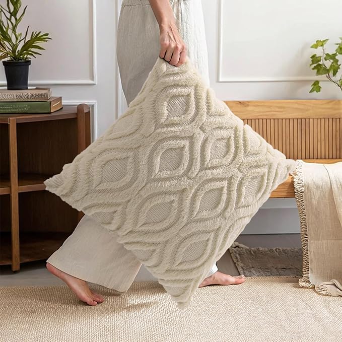 decorUhome Throw Pillow Covers 26x26 Inch Set of 2, Soft Plush Faux Wool Beige Solid Couch Pillow Covers, Accent Farmhouse Neutral Square Pillow Cases for Sofa Bed Living Room