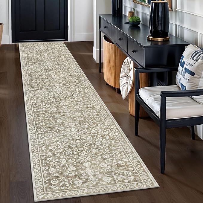 Vintage Runner Rugs for Hallway 2x10, Beige Taupe Washable Long Hallway Runner Rug Non Slip, Super Soft Kitchen Runner Rug, Print Faux Wool Floral Thin Carpet Runner for Entryway Bedroom