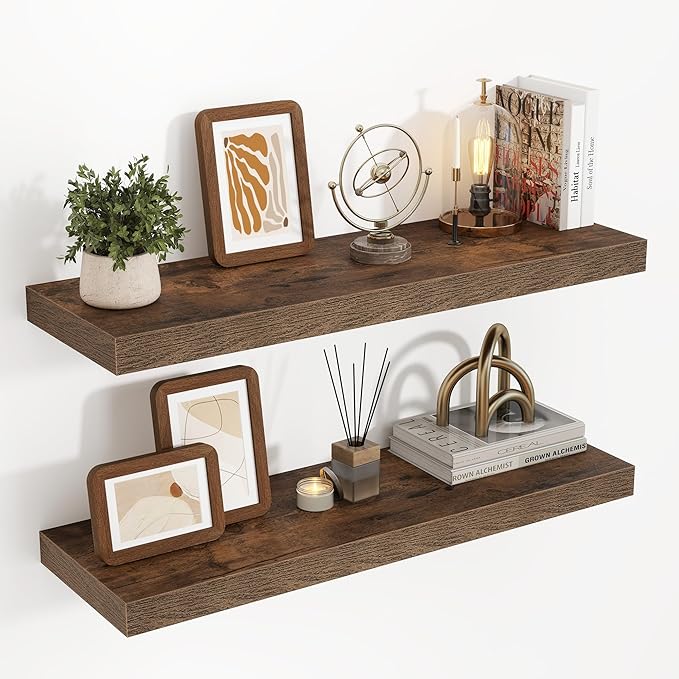 32 Inch Floating Shelves, 3D Textured Wood Grain, 32"x9.25"x1.5" Inch Deep Floating Shelves for Wall, Wooden Shelves for Bathroom, Bedroom, Living Room, Brown, 2 Pieces