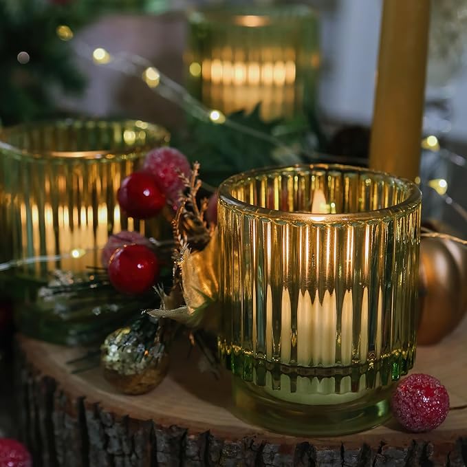 Kate Aspen Vintage Ribbed Glass Candle Holder Decor, Green Votive Candle Holders for Holiday Table Decor, Tealight Candles Holder Glass (Set of 6), Dinning & Christmas Table Decoration (Pack of 6)