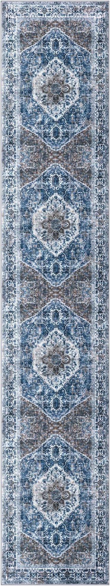 KOZYFLY Runners for Hallways 3x12 Ft Thin Long Washable Kitchen Runner Non Slip Runners Rug for Entryway Indoor Blue Printed Faux Wool Stair Runner Floor Carpet for Stair Kitchen Hall, Blue