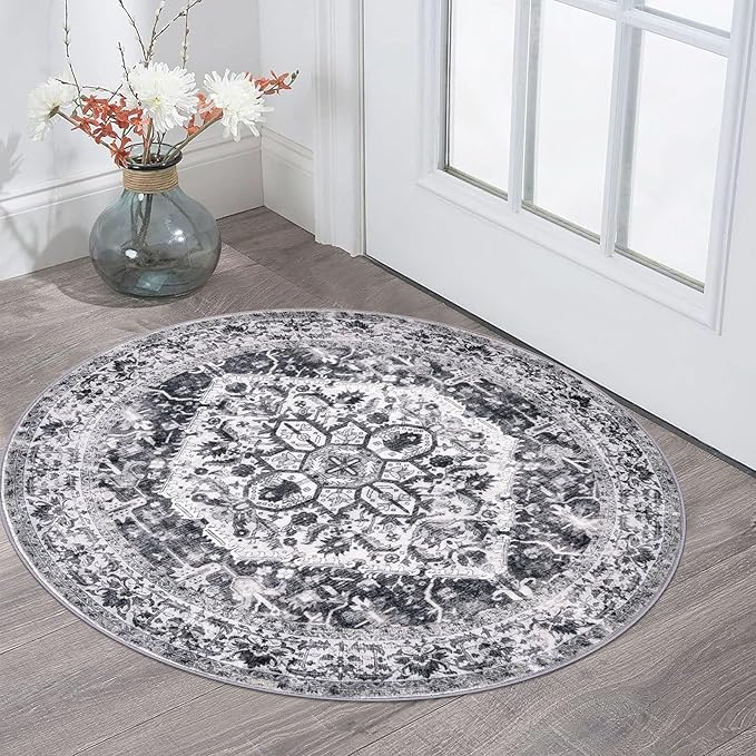 KOZYFLY Round Rug 3 Ft Rugs for Entryway Washable Circle Entrance Rug Non Slip Round Doormat Indoor Printed Faux Wool Round Front Door Mat Floor Carpet for Backdoor, Entryway, Bedroom, Grey