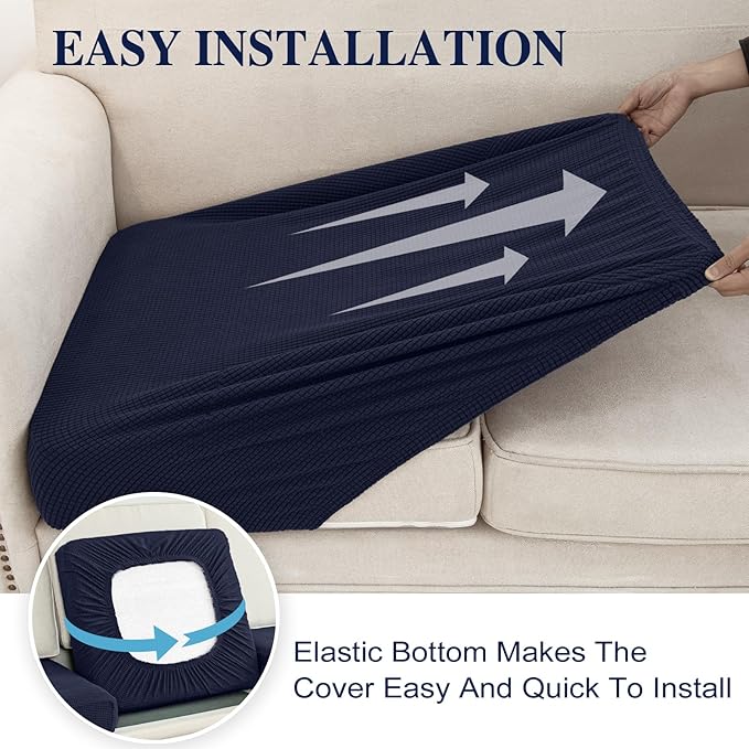 Couch Cushion Covers for Sectional Sofa L Shape Washable Separate Seat Chaise Couch Cover Stretch Sofa Slipcovers with 2 Pcs Pillowcases(3 Seater + 1 Chaise, Navy)