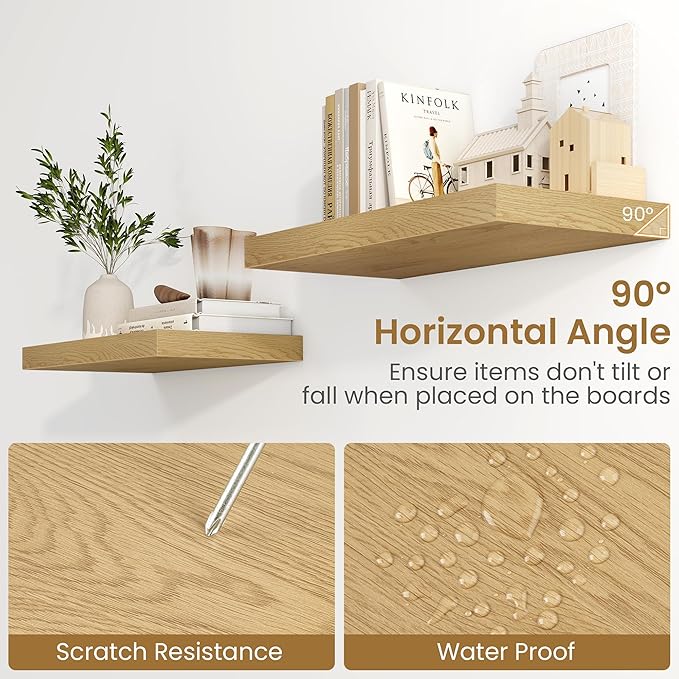 Fun Memories 48 Inch Floating Shelves, 9.3 Inch Deep Wall Shelves for Bathroom, Living Room, Bedroom, Kitchen, Deep Long Shelf Wall Mounted 1 Pack Shelf for Books, Decor, Oak
