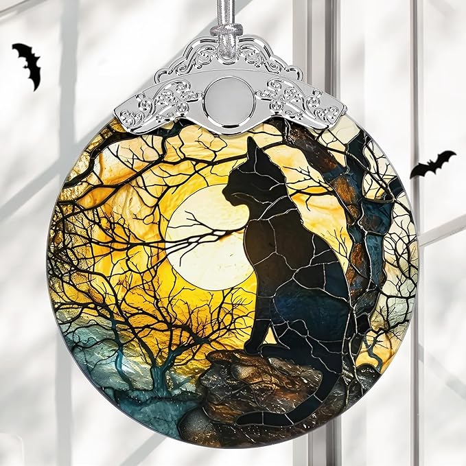 Christmas Ornament, Stained Glass Ornament, Christmas Decorations for Tree, Holiday Ornament, Unique Gift Idea - Moonlight Black Cat