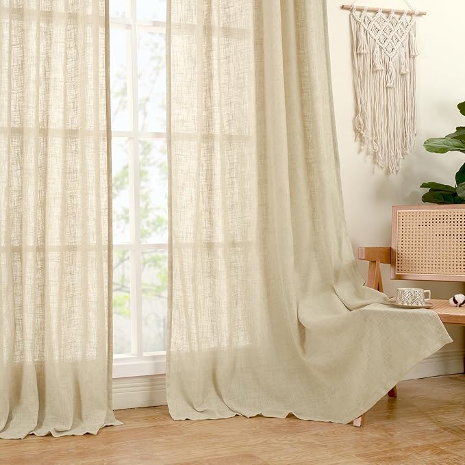 LAMIT Natural Linen Semi Sheer Curtains 63 Inch for Bedroom, Light Filtering Curtains Farmhouse Boho Back Tab and Rod Pocket Drapes for Dining Room, 2 Panels (38 x 63 Inch, Linen)