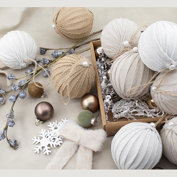 12PCS Neutral Christmas Ornaments Balls Set, 3.15" Jute Burlap & Fabric Hanging Baubles, Rustic Farmhouse Textured Tan Xmas Tree Decorations for Holiday Party Home Decor