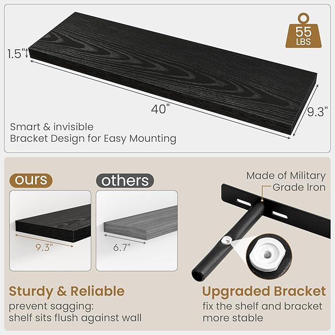 Fun Memories 40" W x 9.3" D Black Floating Shelves for Wall, Deep Long Floating Shelf for Home Bathroom, Bedroom, Living Room, Rustic Wood Wall Mounted Shelves for Books Decor