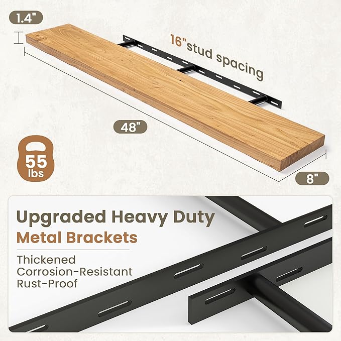 Fun Memories Solid Elm Wood Floating Shelves Set of 1-48 Inch Rustic Wall Shelves with Heavy-Duty Invisible Brackets - for Living Room, Kitchen, Bedroom, Bathroom - Natural Finish