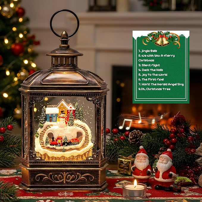 Christmas Snow Globe Lantern Water Glittering Snowman & Train with Music, USB Lined/Battery Operated Lighted Lantern for Christmas Festival Decoration Gifts
