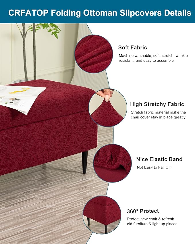 CRFATOP Jacquard Ottoman Stool Cover Stretch Folding Storage Footstool Bench Slipcovers Upholstered Foot Chest Chair Covers Washable Entryway Furniture Protector with Elastic Bands,M,Burgundy