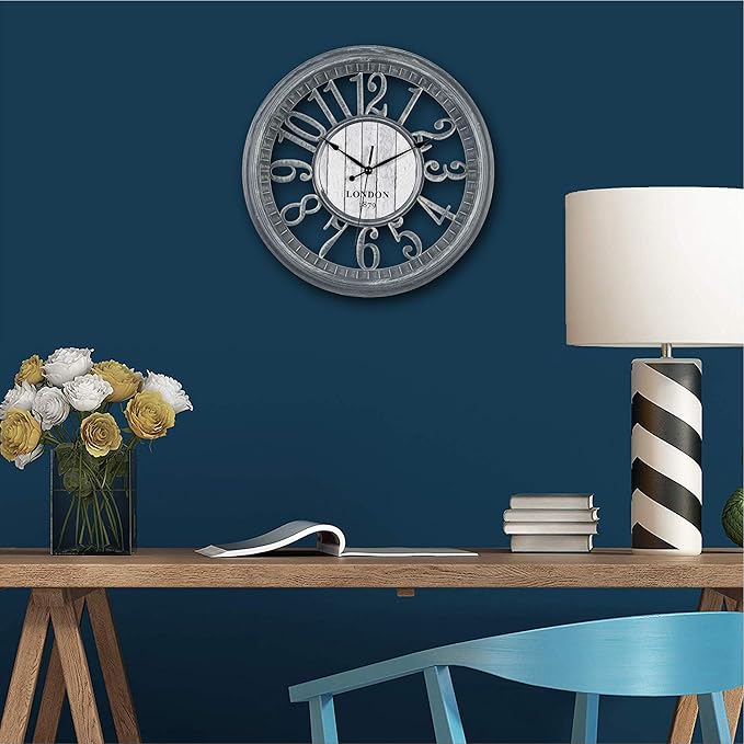 Bernhard Products Large Wall Clock 16 Inch Gray Noiseless Battery Operated Quality Quartz Rustic Farmhouse Shabby Chic Vintage Design for Kitchen/Living Room/Bedroom/Decorative Stylish Clocks