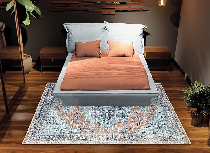 Bloom Rugs Washable Non-Slip 9' x 12' Rug - Peach/Blue Traditional Area Rug for Living Room, Bedroom, Dining Room, and Kitchen - Exact Size: 9' x 12'