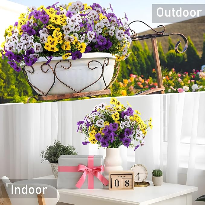 Artificial Fake Pansy Flowers for Outdoor, Faux Silk Pansies Spring Flowers for Outside for Planter Front Door Porch Yard Patio Window Box Home Decor (36, Purple, Yellow, White)