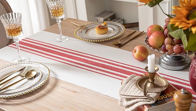 Christmas Valentines Table Runner 13 x 72 Inch for Dining Table, Boho Valentine's Day Decorations, Coffee Table Runner with Handcrafted Tassels, red and Beige Stripe Table Runner for Holiday, Winter