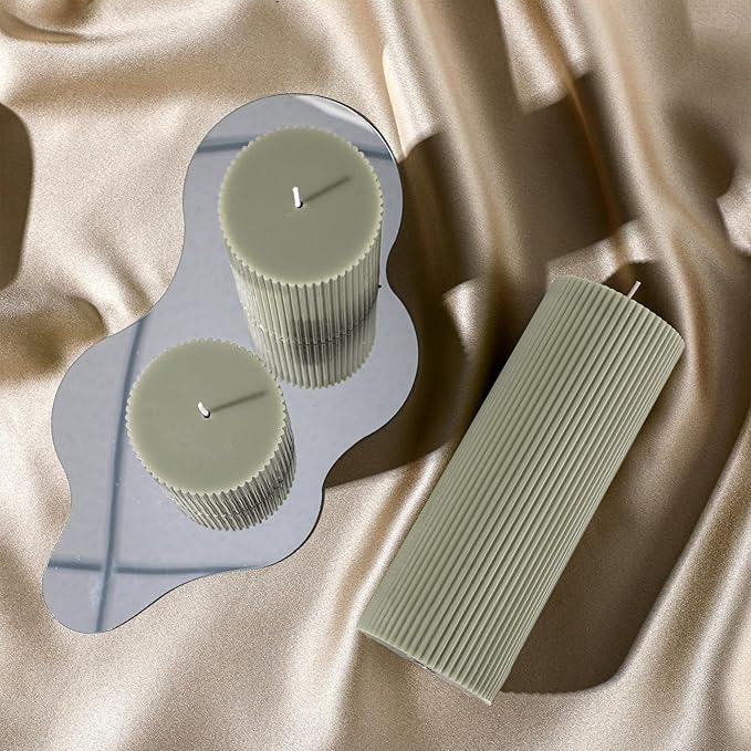 Ribbed Pillar Candles Set of 3, Width 3" High 4" 6" 8" Large Soy Wax Orchids Scented Pillar Candles Aesthetic Ribbed Modern Home Decor for Bathroom Living Room(Bean Green)