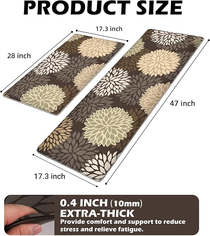 Kitchen Mats Set of 2 Cushioned Anti Fatigue Kitchen Rugs Non Slip Waterproof Kitchen Runner Memory Foam Floor Mat Comfort Standing Mat for Sink,Office,Laundry, Dark Brown