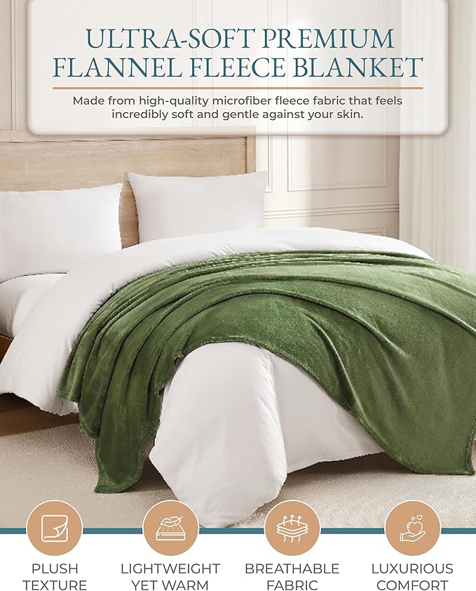 Casa Platino King Size Blanket – Olive Green Fleece Throw Blanket 108x90 – Lightweight, Soft Flannel for Bed or Sofa – Year-Round Comfort