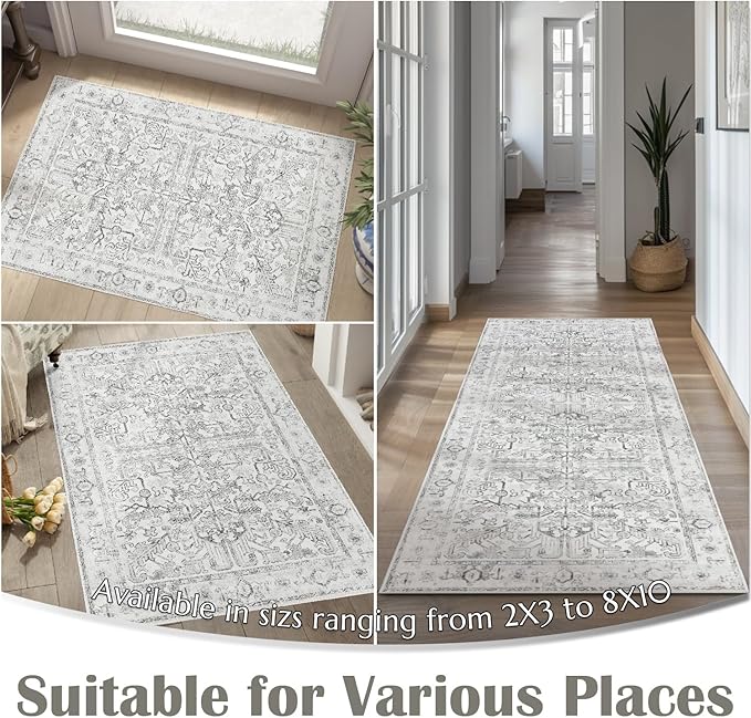 jinchan Lima Hallway Runner Rug 2x10 Washable - Vintage Floral Non Slip Low-Pile Soft Ultra-Thin Faux Wool Kitchen Rug Distressed Carpet Runner for Farmhouse Bedroom Laundry (2x10ft, Grey)