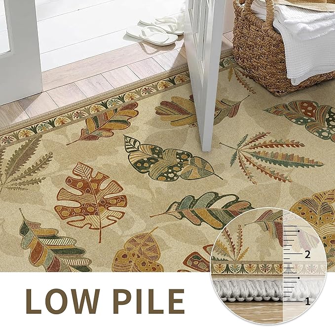 GENIMO 8x10 Area Rugs for Living Room, Machine Washable Non Slip Vintage Retro Rugs, Low Pile Soft Chenille Print Rug for Bedroom, Dining Room, Home Office, Leafy Daylight