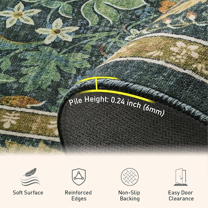 Woaboy Washable 8x10 Area Rug for Living Room Bedroom Dining Room Under Kitchen Table,Non-Slip Low Pile Stain Resistant Soft Large Carpet for Vintage Floral Oriental Home Decor Green Gold