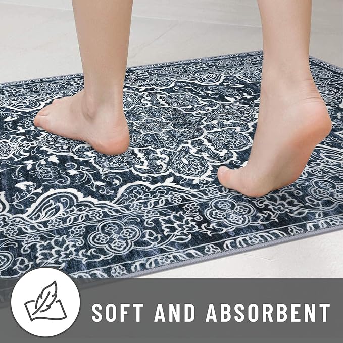 KUTA Vintage Small Area Rug 2x3 Non-Slip Washable Entryway Rugs Navy Blue Ultra Soft Modern Floral Doormat Printed Retro Distressed Carpet Accent Farmhouse Kitchen Throw