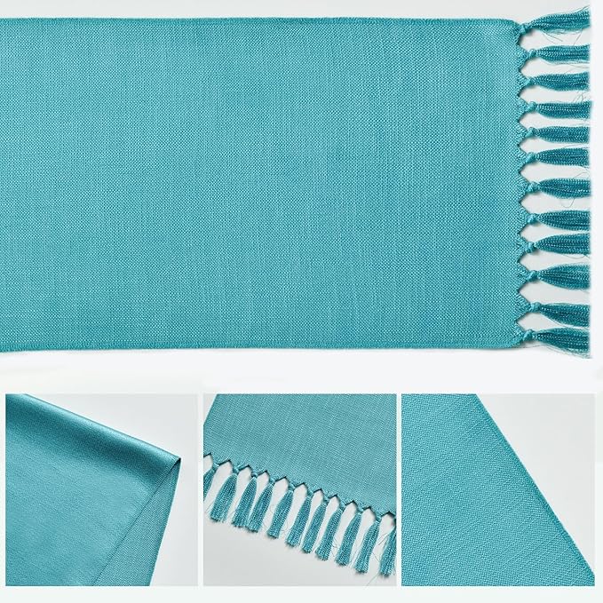 Artoid Mode Teal Tassel Table Runner, Winter Linen Blend Rustic Farmhouse Style Kitchen Table Decoration Holiday Wedding Party Dinning Decor 13x72 Inch