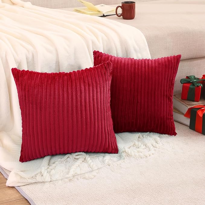 Simmore Decorative Christmas Throw Pillow Covers 16x16 Set of 2, Soft Natural Plush Flannel Double-Sided Fluffy Couch Pillow Covers for Sofa Living Room, Red