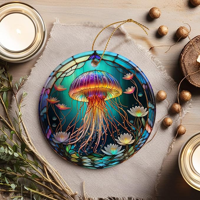 Stained Ceramic Jellyfish Ornament - Jellyfish Christmas Ornaments - Christmas Tree Ornaments - Christmas Decorations - Jellyfish Decor for Office, Room, Home - Holiday Present Ideas