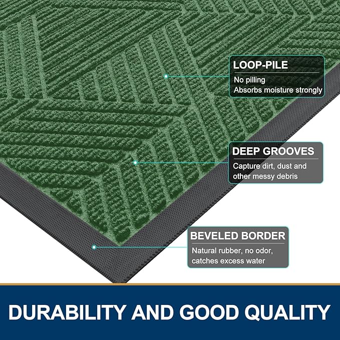Smiry Front Door Mat Outside Entrance, Heavy Duty Sturdy Natural Rubber Doormat, Trap Dirt and Moisture, Easy Clean Low Profile Mats for Indoor Outdoor Entry, Irregular Triangle (71x47, Green)