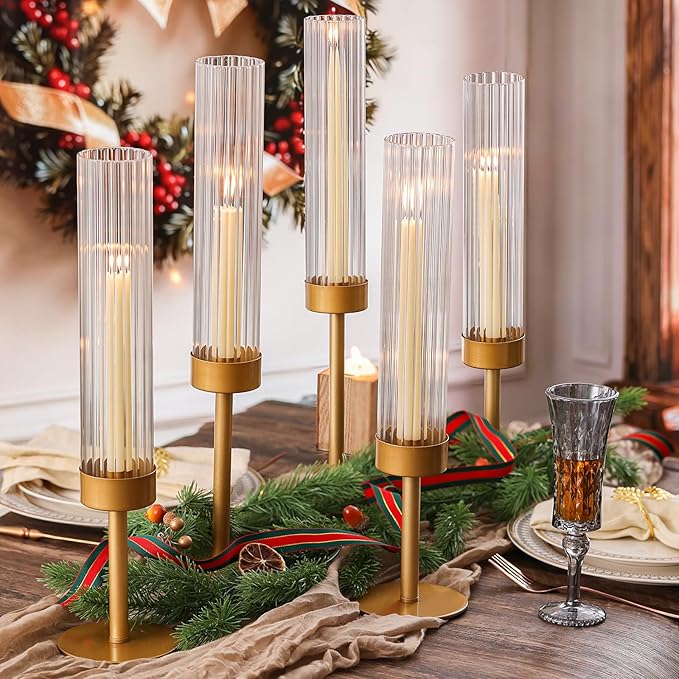 Volens Hurricane Glass Candle Holders Gold: Set of 6 Taper Candle Holders with Ribbed Cylinder 11'' Tall Windproof Chimney Cover for Outdoor/Indoor Table Centerpiece Wedding Party Home Decor