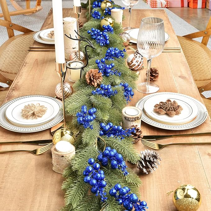 DearHouse 14 Pack Christmas Glitter Berries Stems, 7.8Inch Artificial Christmas Picks for Christmas Tree Ornaments, DIY Xmas Wreath, Crafts, Holiday and Home Decor (Dark Blue)