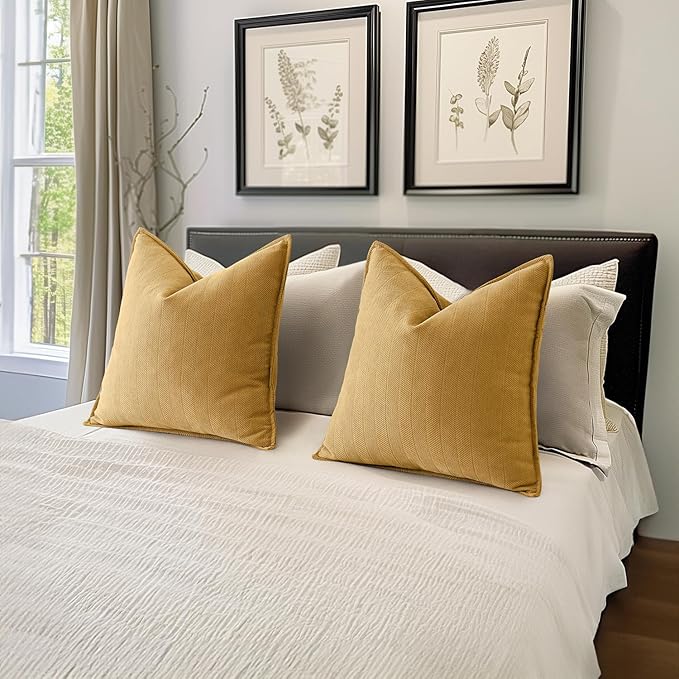 MIULEE Pack of 2 Gold Decorative Pillow Covers 24x24 Inch Soft Chenille Luxurious Couch Throw Pillows Farmhouse Cushion Covers Euro Shams with Elegant Design for Sofa Bedroom Living Room Home Decor