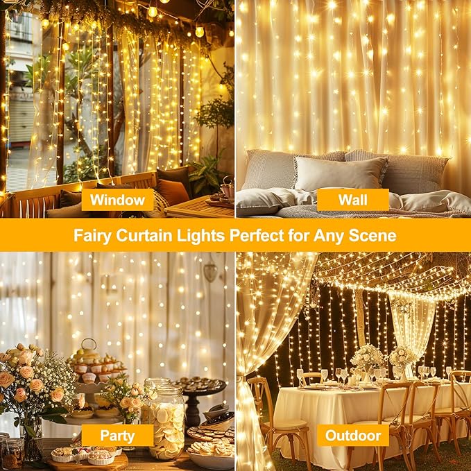 Fairy Curtain Lights Upgraded Tangle-Free Warm White USB Plug in 8 Modes String Hanging Lights with Remote for Christmas, Bedroom, Indoor, Outdoor, Weddings, Party (6.6FTx6.6FT)