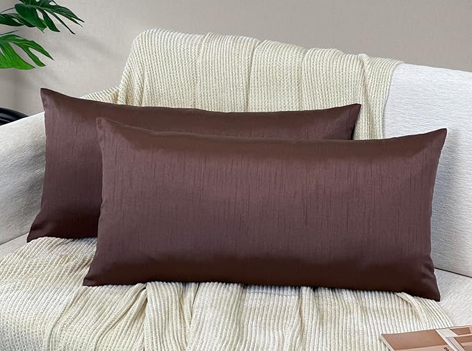 Aiking Home 12x24 Inches Faux Silk Rectangular Throw Pillow Cover, Zipper Closure, Brown (Set of 2)