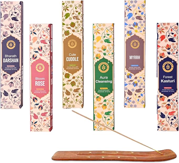 Incense Sticks Gift Pack – 6 Fragrances x 20 Sticks Each, Hand Rolled Insents with Incense Holder – Bharath Darshan Forest Kasturi Cute Cuddle Bloom Rose Aura Cleansing Myrrh