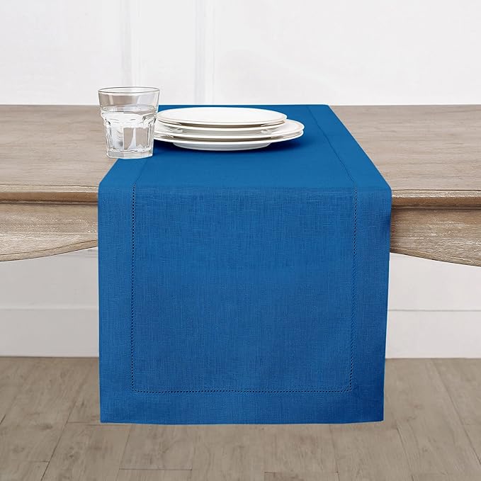 Solino Home Linen Table Runner 48 Inches - 100% Pure Linen Indigo Blue Hemstitch Table Runner 14 x 48 Inch Ideal for Dresser and Coffee Tables - Spring, Easter - Classic Hemstitch