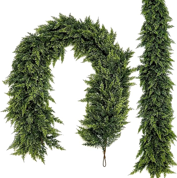 9FT Christmas Garland Decoration, Realistic Artificial Green Faux Cedar Pine Garland Holiday Decor for Outdoor Indoor Green Greenery,Fireplaces Holiday Party Decorations